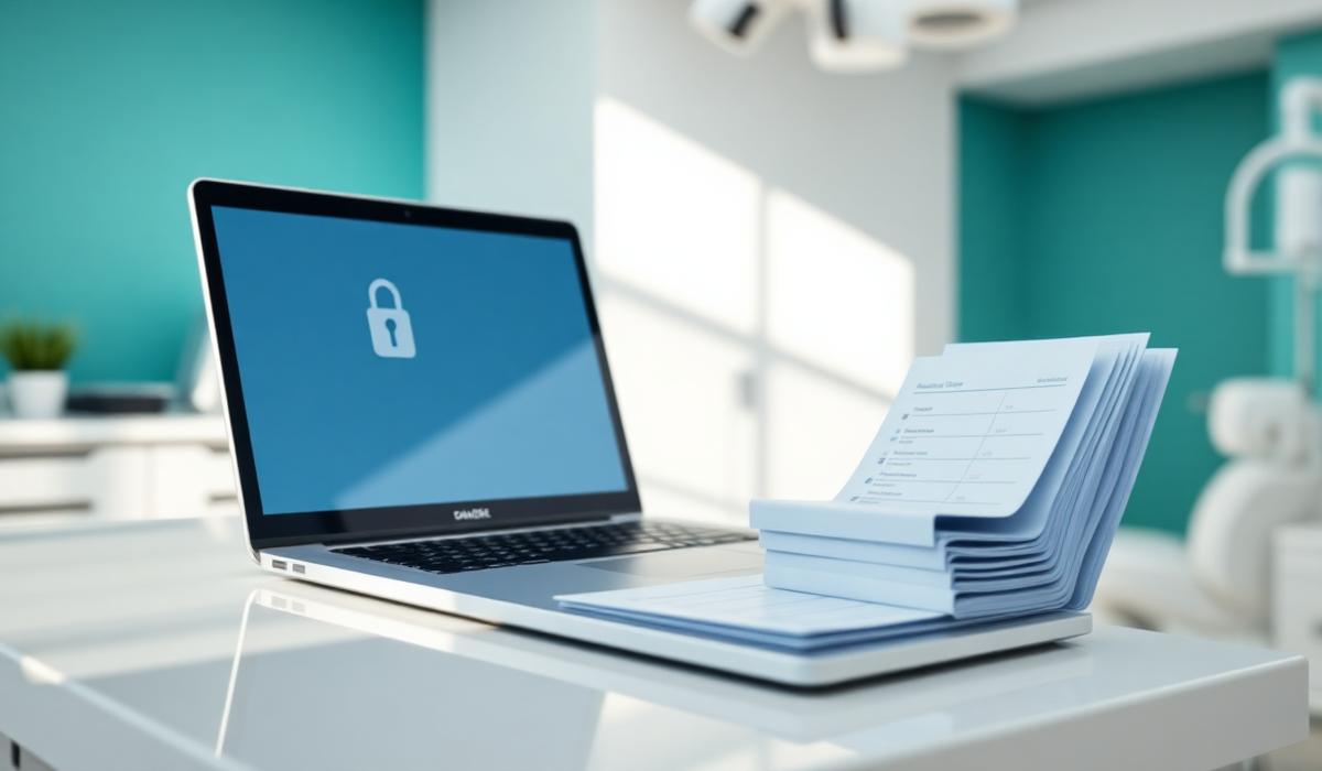 Secure locked laptop and patient charts at a dental clinic reception desk