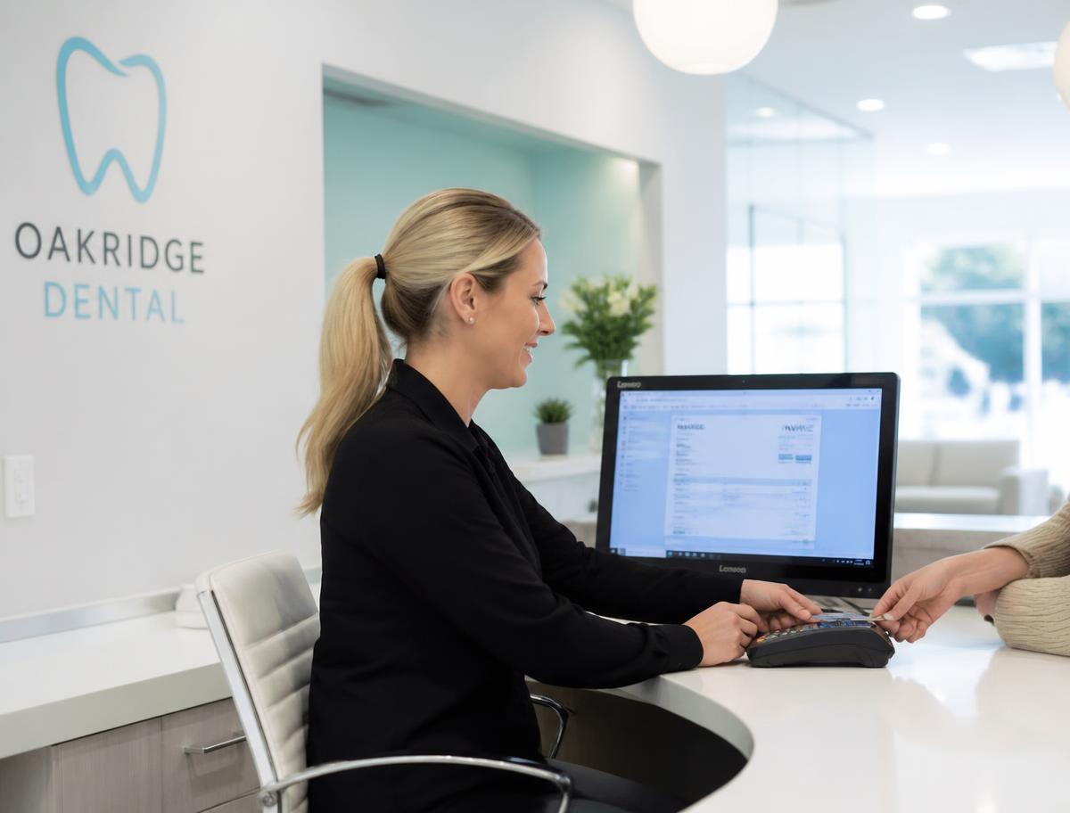 Clinic administrator taking a card payment at the front desk