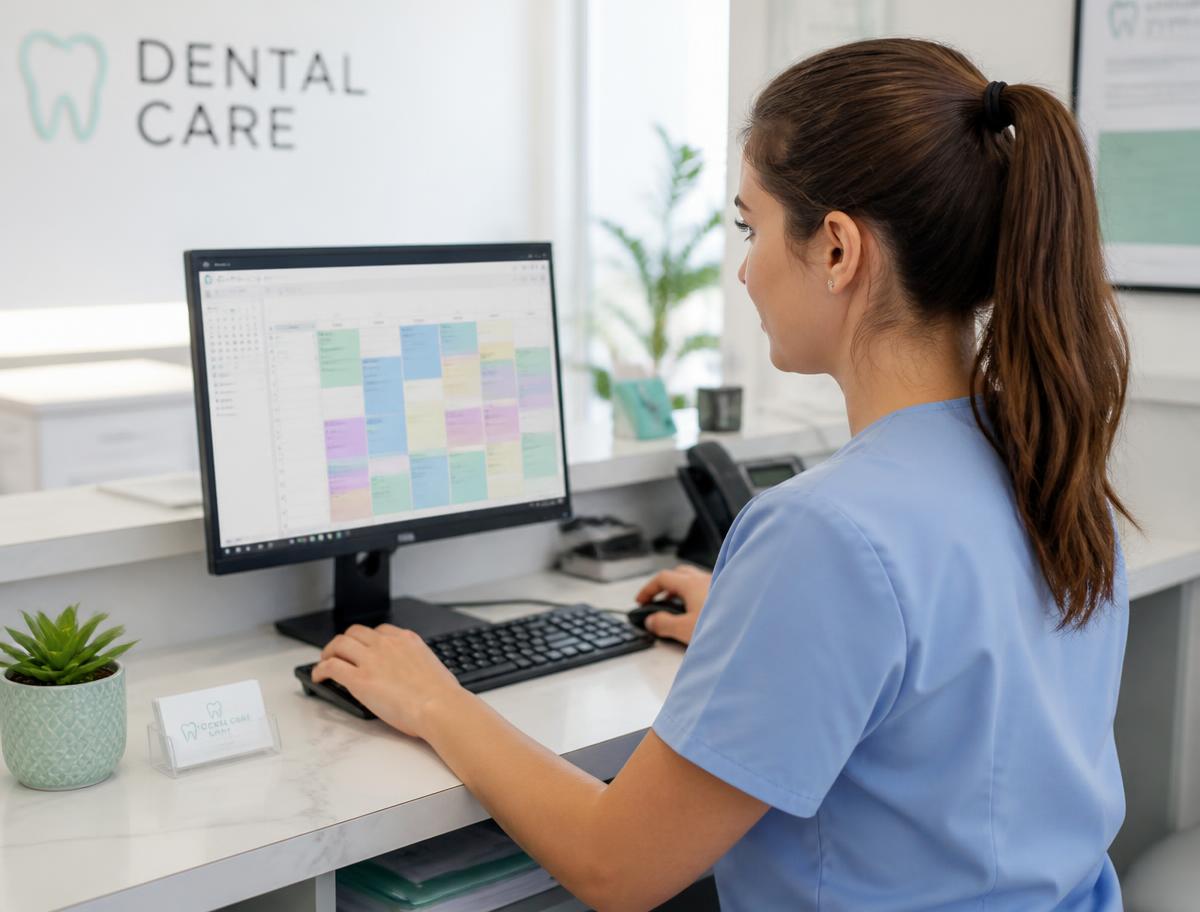 Clinic receptionist managing an appointment calendar on screen