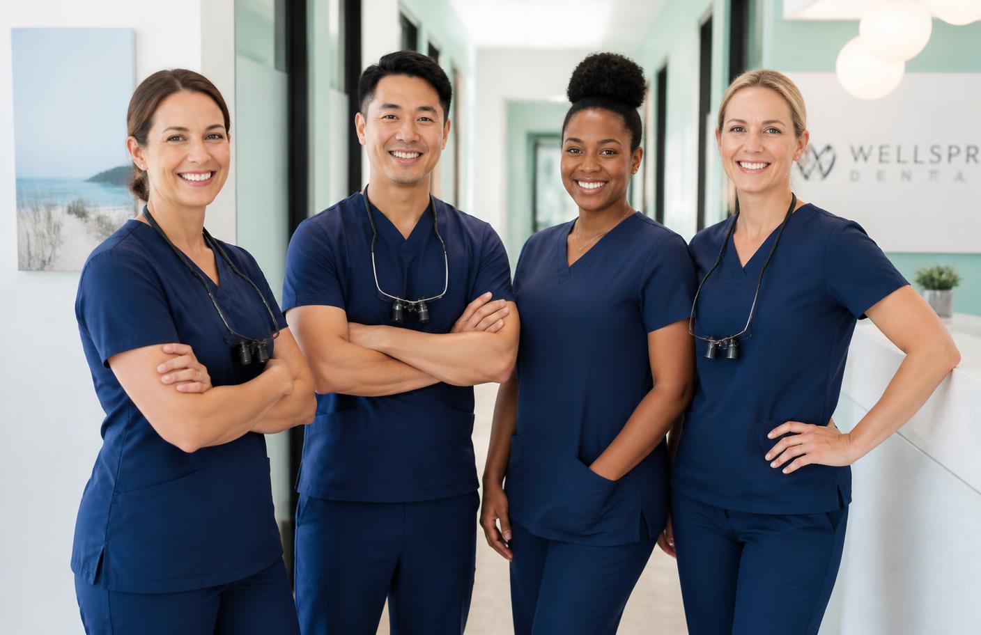 Dental team standing together in a bright clinic corridor